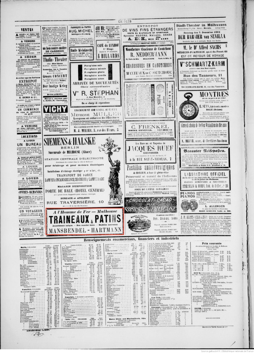 Journal L'Express de Mulhouse du 4 décembre 1890 (p.4) : modèles nouveaux de traineaux et patins.